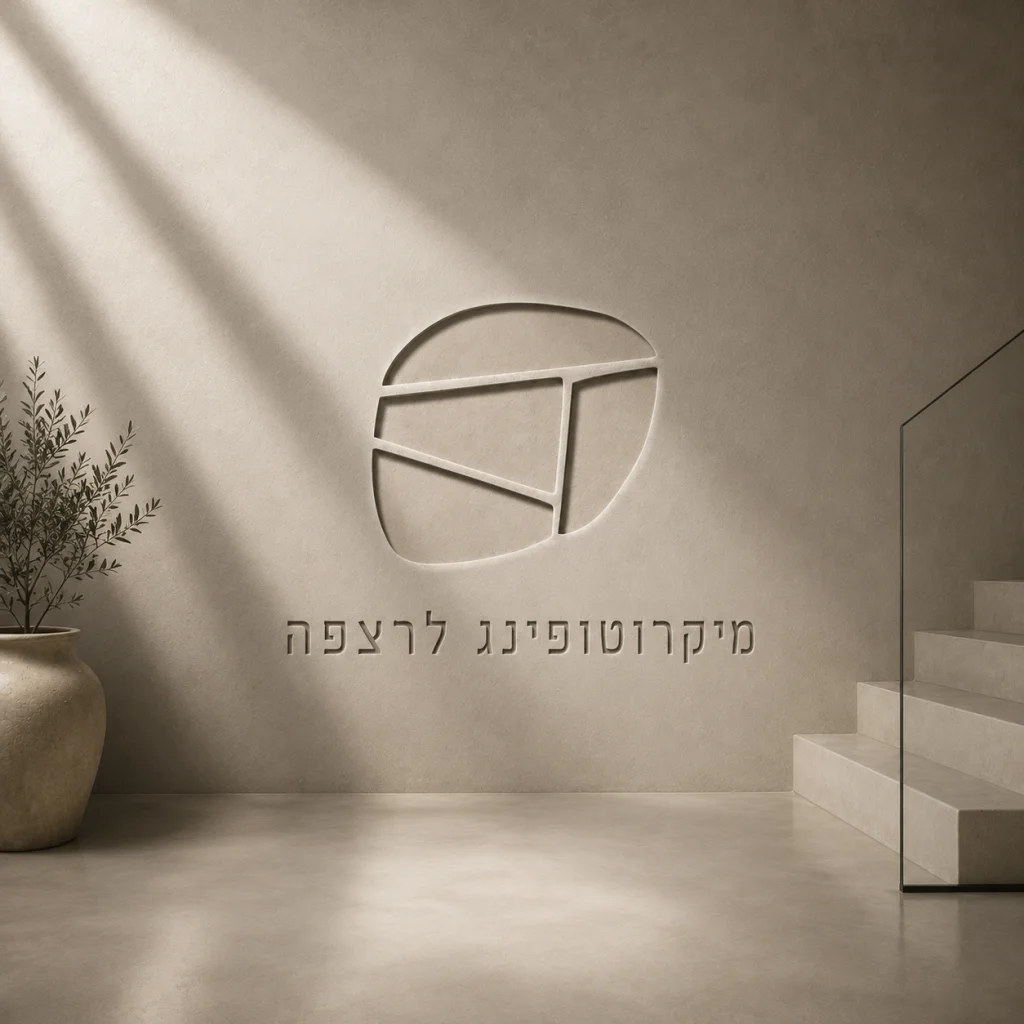 רצפת מיקרוטופינג רציפה בגוון בז' בחלל כניסה, עם לוגו שטיין דיזיין מוטבע בקיר ומדרגות בטון