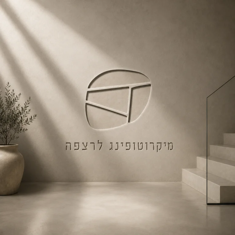 רצפת מיקרוטופינג רציפה בגוון בז' בחלל כניסה, עם לוגו שטיין דיזיין מוטבע בקיר ומדרגות בטון