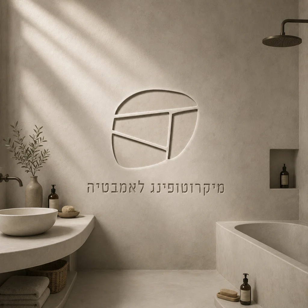 חדר רחצה במיקרוטופינג בגוון בז' עם קירות ורצפה רציפים, לוגו שטיין דיזיין מוטבע בקיר, כיור אבן ואמבטיה בנויה