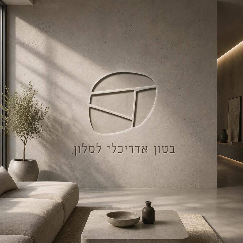 קיר סלון בבטון אדריכלי בגוון אפור רך עם לוגו שטיין דיזיין מוטבע, ספה בהירה, עץ זית בכד ורצפה רציפה