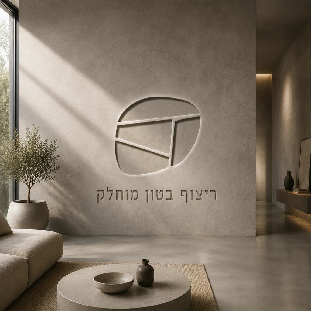 רצפת בטון מוחלק רציפה בגוון אפור בחלל מגורים, קיר עם לוגו שטיין דיזיין מוטבע, ספה בהירה ושולחן עגול