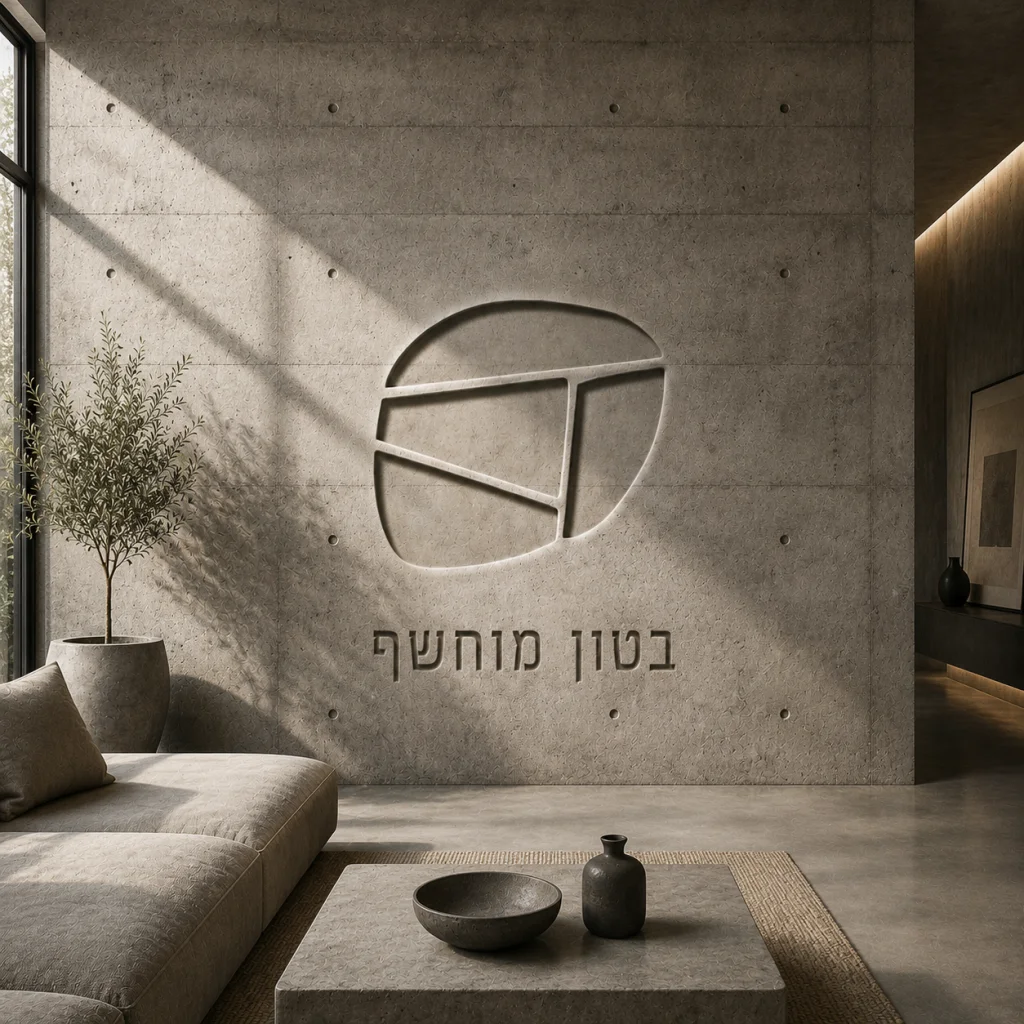קיר בטון מוחשף עם סימני טפסות וחורי קושרים ולוגו שטיין דיזיין מוטבע, ספה בהירה ורצפה רציפה בחלל מגורים
