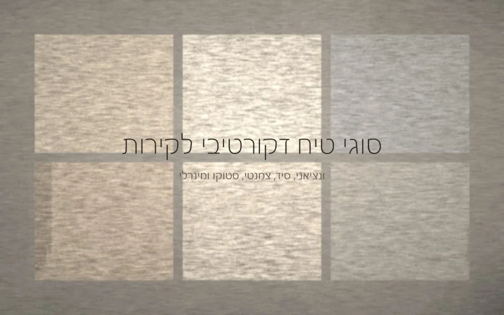 שש דוגמיות מרקם של טיח דקורטיבי בגווני בז' ואפור חמים, מסודרות בגריד